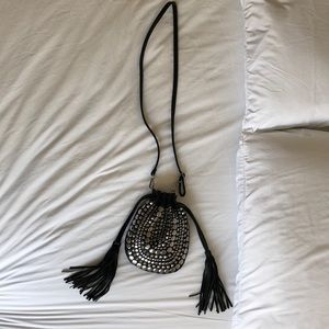 MMS Black leather studded crossbody bag w tassels